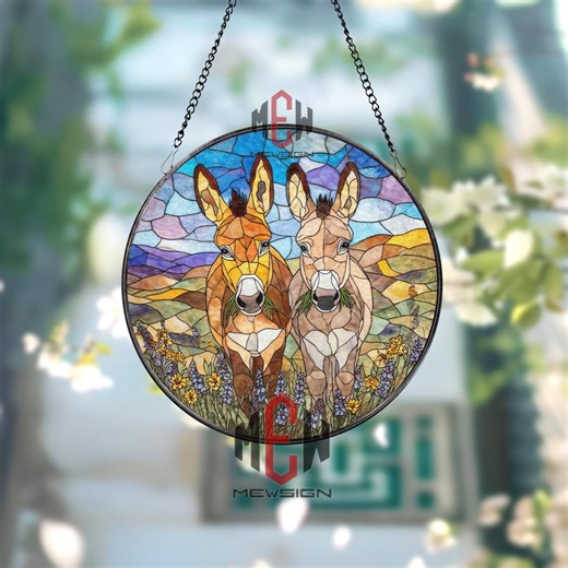 Personalized Donkey Stained Glass Suncatcher, Farm Animal Pair Window Hanging, Custom Rustic Countryside Decor, Floral Art Gift - Etsy