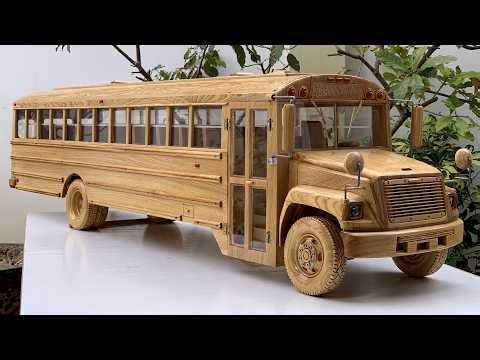 Wood Carving - Classic American School Bus Model - Woodworking Art