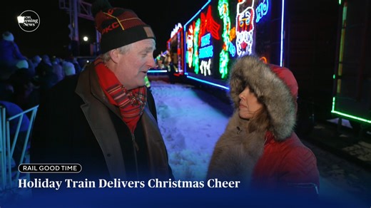 The CPKC holiday train is making the rounds to spread Chistmas cheer, already hitting 13 U.S. states and 6 Canadian provinces. Aside from cheer, the locomotive is also feeding the communities it visits — donating food and raising money for local food banks. | CBS Evening News