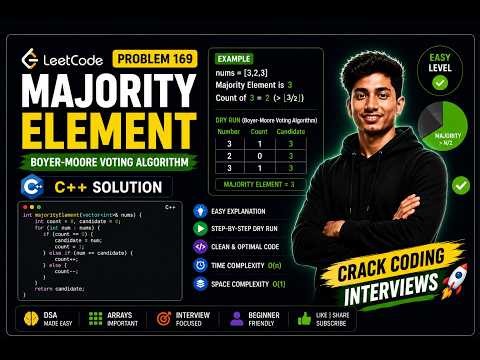 LeetCode 169: Majority Element in C++ | Boyer Moore Voting Algorithm 🚀#leetcode #cpp #dsa #coding