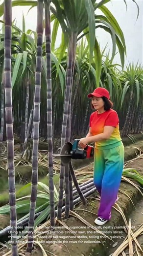 Efficient Sugarcane Harvesting: Farmer Using Portable Saw to Cut Stalks