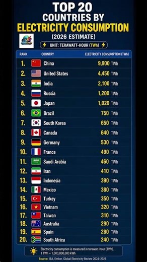 Top 20 Countries with Highest Electricity Consumption 2026