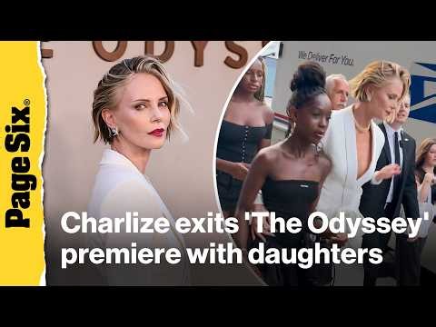 Charlize Theron exits 'The Odyssey' premiere with daughters Jackson and August