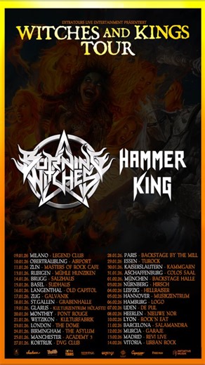 Hammer King on Instagram: "Tell us where will we meet on the WITCHES AND KINGS TOUR? 🔨👑 Get your tickets at witchesandkings.com 🎫 09.01.26 MILANO - LEGEND CLUB 10.01.26 OBERTRAUBLING - AIRPORT Eventhalle 11.01.26 ZLIN - MASTERS OF ROCK Café 13.01.26 RUBIGEN - MÜHLE HUNZIKEN 14.01.26 BRUGG - SALZHAUS 15.01.26 BASEL - SUDHAUS 16.01.26 LANGENTHAL - OLD CAPITOL 17.01.26 ZUG - GALVANIK 18.01.26 ST. GALLEN - GRABENHALLE 19.01.26 GLARUS - KULTURZENTRUM HOLÄSTEI 20.01.26 MONTHEY - PONT ROUGE 21.01.26