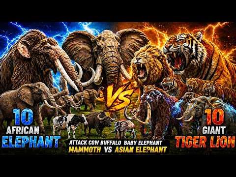 10 African Elephant vs 10 Giant Tiger Lion Attack Cow Buffalo Baby Elephant Mammoth vs Asian Elephan