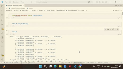 Visual Studio Code - Diabetes_predictions.ipynb - machine learing - Visual Studio Code - 21 April 2026 | Aastha setia