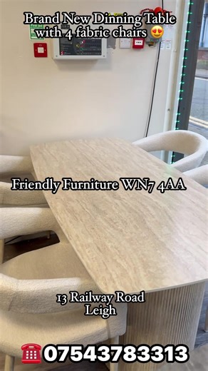 ✨ BRAND NEW CERAMIC DINING SET – LUXURY & STYLE ✨ Upgrade your dining space with this stunning beige ceramic dining table, paired with 4 luxurious upholstered armchairs. ✔️ Premium ceramic tabletop ✔️ Elegant beige finish ✔️ Strong, modern pedestal base ✔️ 4 comfortable luxury armchairs with armrests ✔️ Perfect for modern & contemporary homes 📍 Available to view in store – try before you buy! ⸻ 🛋️ We also sell a wide range of furniture including: • Sofas & recliner sofas • Beds & mattresses • 