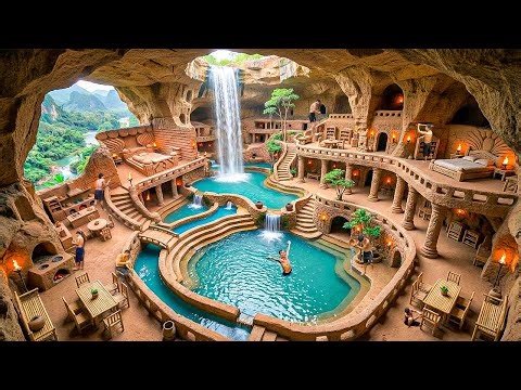 250 Days Building Secret Cave Mansion with Carved Stone Rooms & Modern Interior Using Primitive Tool