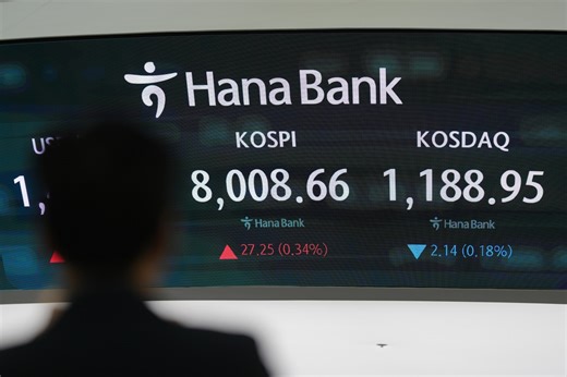Asian stocks are lower after South Korea’s Kospi hits records, as Trump wraps up Beijing trip
