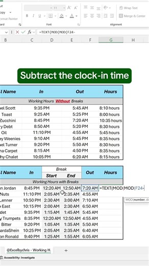 How to get working hours in Excel with and without breaks. #excel #employeeengagement #spreadsheet