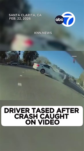 Footage captured the moment a white sedan ran a red light and violently crashed into another car in Santa Clarita. After the collision, deputies say one of the drivers tried to fight the other person involved. When deputies stepped in to stop the fight, the man reportedly turned his aggression on them. | ABC7