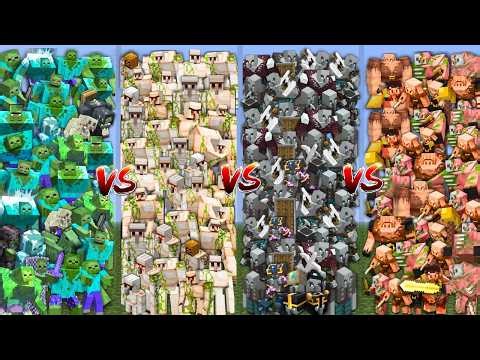 ALL ZOMBIES vs ALL IRON GOLEMS vs ALL PILLAGERS vs ALL PIGLINS in Minecraft Mob Battle