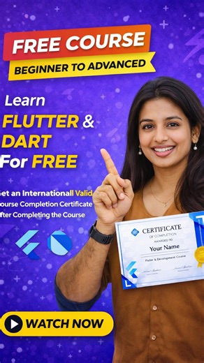 𝐅𝐢𝐱𝐰𝐚𝐫𝐞 𝐓𝐞𝐜𝐡𝐧𝐨𝐥𝐨𝐠𝐢𝐞𝐬 on Instagram: "🔥 Free Flutter Course | Beginner to Advanced | Get Certificate 🎓 Learn Flutter from scratch to advanced level with this 100% FREE Flutter course designed for absolute beginners and aspiring mobile app developers. This course covers Flutter & Dart step by step with real-world examples and practical projects. 🚀 What you’ll learn: Flutter basics to advanced concepts Dart programming language UI design & layouts in Flutter State management AP