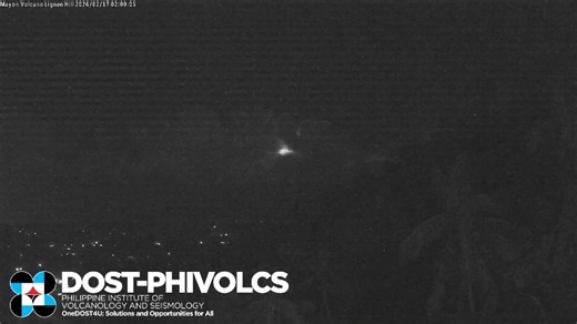 WATCH: Time-lapse footage of lava effusion and collapse from the Mayon Volcano summit crater recorded at 2:00 AM and 2:21 AM, and a minor strombolian activity at 2:30 AM today, February 17, 2026, according to PHIVOLCS. Effusive eruption with minor strombolian activity at Mayon Volcano continues for the 43rd consecutive day, generating incandescent lava flows, pyroclastic density currents (PDC) or “uson,” and rockfall, the agency said. Lava flows have reached radial distances from the crater of ~