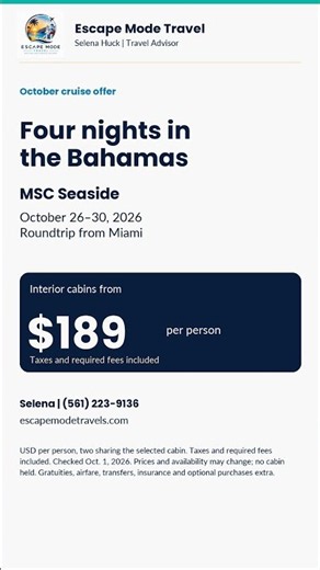 4-night Bahamas cruise from $189 per person | MSC Seaside | October 26–30, 2026