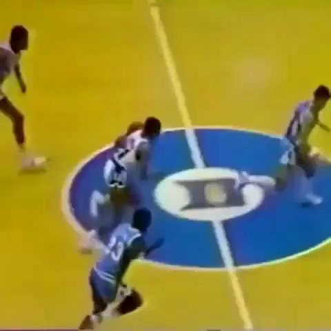 (1983) Michael Jordan jumps so high on a block attempt that he bangs his head on the backboard..