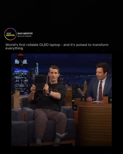 Mad Mentor | Business | Motivation on Instagram: "Linus Tech Tips appeared on Jimmy Fallon to demonstrate something that seems almost unreal: a Lenovo laptop featuring a rollable OLED screen. When collapsed, it resembles a standard 14-inch notebook. Activate a buttonand the display extends upward into a larger, expanded workspace. It's the first commercially accessible laptop of this type, and it signals the direction of personal computing: flexible displays, transformable designs, and devices t