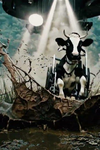 UFO abducting a cow in a wheelchair