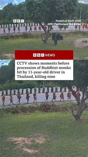 CCTV shows moments before Buddhist monks hit by 11-year-old driver in Thailand. #BBCNews