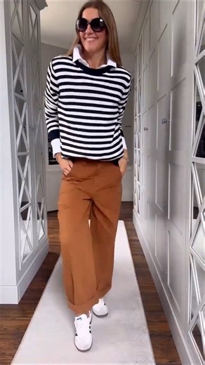 Breton Stripe Sweater & Camel Wide Leg Trousers #fashiontrends #ootd #streetstyle #outfitideas