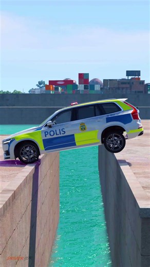 Truck and police car vs large ditch filled with water| BeamNG Drive
