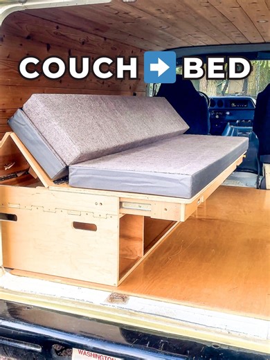 Couch ➡️ Bed in seconds 😮 No tools. No hassle. Just slide, flip, and relax 👌 The Frontier Futon gives your campervan a real place to lounge and sleep, without sacrificing strength or simplicity. One solid system. Two essential functions. Designed specifically for campervans and available as a DIY kit, handcrafted with care at our shop in the PNW 🏔️ And yes… that transforming mattress is super comfy 😍 Would this earn a spot in your camper van build? 🚐