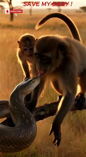 Mother Monkey Attacks Giant Python to Save Her Baby! #Monkey #Python #Wildlife #Jungle #SnakeAttack
