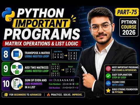 Python Important Programs 🔥 Matrix & List Problems (Transpose, Addition, Even/Odd) | Part-75
