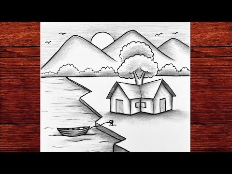 Riverside House Landscape Drawing | Easy Step by Step Pencil Scenery Tutorial