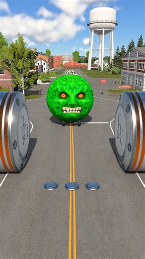 Long City Bus & Green Monster Car vs Hydraulic Bollard Crash BeamNG.drive #beamngsmashkids #shorts