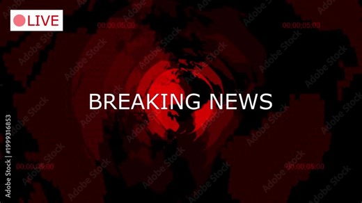 Breaking news live broadcast opening graphics for worldwide global coverage announcement. Breaking news live broadcast intro. Dynamic red and black digital template for global news presentation.