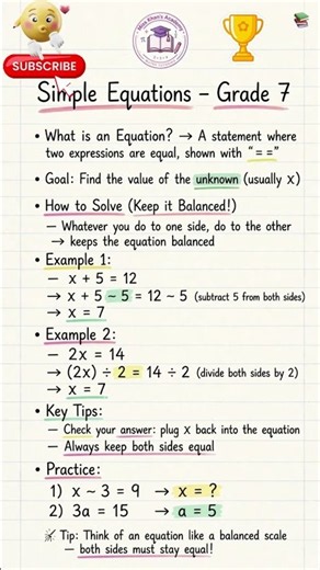 Simple Equations Full Chapter in 1 Page - Grade 7 Maths | Easy Tricks #new #viral #trending #shorts