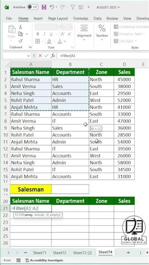 How to Get Salesman Wise Data using FILTER Function in Excel | Filter Function 🔥 #excel #exceltips