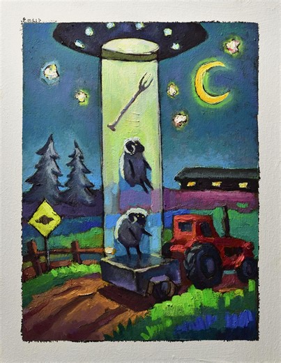 Alien Abduction Sheeps UFO Art - Original Oil Painting - Funny Wall Decor - Etsy