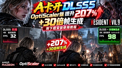 A卡开DLSS5,OptiScaler版性能提升207%+30倍帧生成生化危机9，附下载安装使用教程