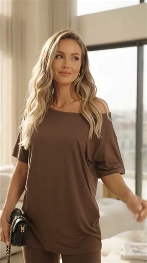 Off-Shoulder Lounge Set Try-On | Huukeay Brown 2-Piece Oversized Shirt + Biker Shorts