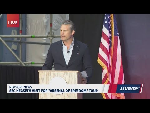 Defense Secretary Pete Hegseth speaks to workers at Newport News Shipbuilding