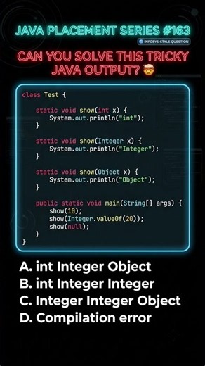 Tricky Java Output 🔥 Method Overloading + Null Argument Challenge #163 #java #coding #viral #infosys
