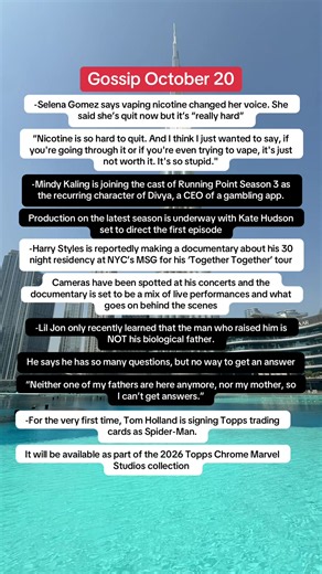 Celebrity Gossip Oct 20: Selena Gomez, Mindy Kaling, Harry Styles, Lil Jon, Tom Holland