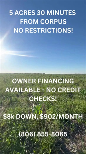 🐐 Build Your Mini Farm Near Corpus Christi 🇨🇱 Looking to raise chickens, goats, or grow your own food? These 5-acre tracts in Sinton are perfect for small farming, homesteading, or rural living—without rules. ✔️ No restrictions ✔️ Well & septic friendly ✔️ Power at the road ✔️ Flat, usable land 📲 Call 806-606-0824 for details and available lots.