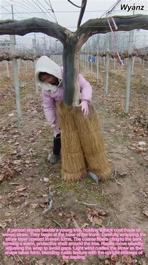farm machinery fails man wraps tree trunk with straw coat