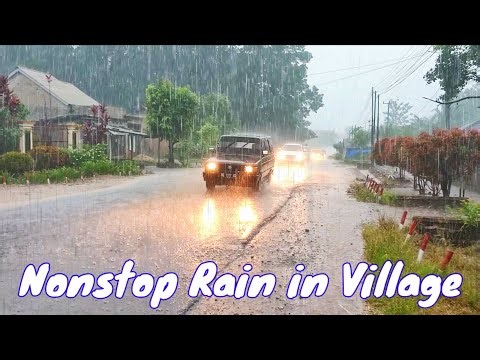 Walking in Heavy Rainstorm | Rural Village Street Full of Passing Vehicles and Rain Sounds