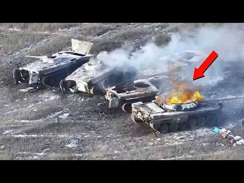 Convoy of Russian T 80 tanks exploded one by one in attack by Ukrainian troops while fleeing