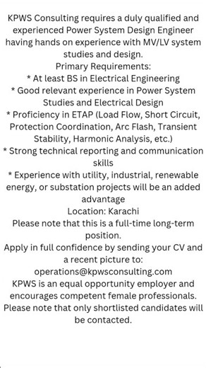 Power System Design Engineer Jobs in Karachi | ETAP & Electrical Design #juniorengineer #assistanten
