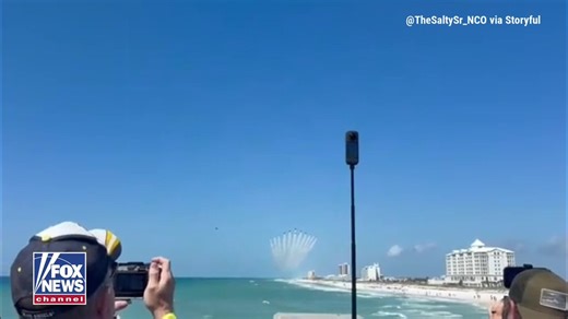 The U.S. Navy’s Blue Angels and the U.S. Air Force’s Thunderbirds joined forces for a rare "Super Delta" flyover above Pensacola Beach, Florida.