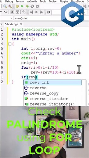 C++ Palindrome number Program Using For Loop for beginners #shorts