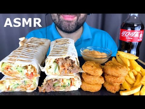 ASMR EATING SHAWARMA WITH CHICKEN & BEEF | CHICKEN NUGGETS & FRIES | FAST FOOD MUKBNAG EATING SOUNDS