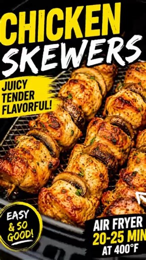 Juicy Air Fryer Chicken Skewers | Easy Chicken Kabobs with Mushrooms. #airfryerrecipes