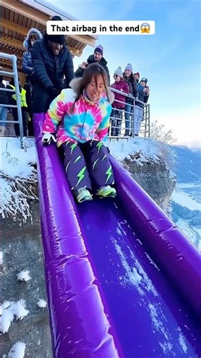 Cliff slide is crazy! Girl slides in snowy region #adventure #trampoline