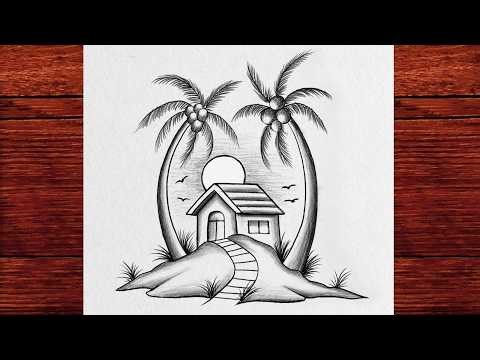 Palm Trees and Small House Drawing | Easy Pencil Landscape Tutorial for Kids & Beginners